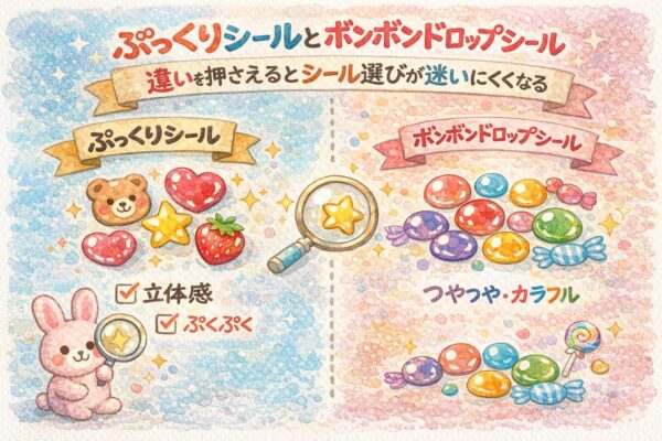 Watercolor illustration comparing puffy stickers and bonbon drop stickers, highlighting 3D texture vs glossy colorful look