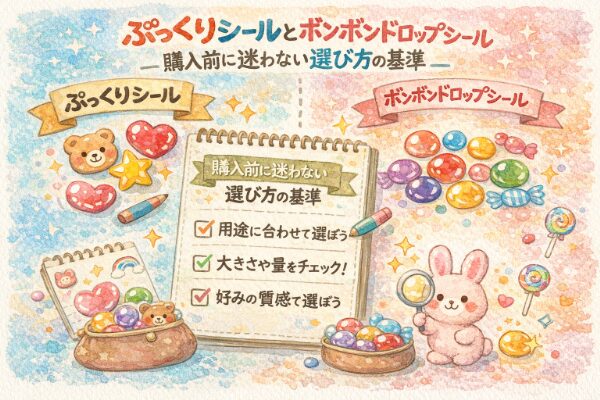 Illustration comparing puffy stickers and bonbon drop stickers, highlighting 3D feel vs glossy colorful look