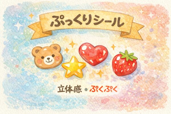 Illustration representing puffy stickers with a bear, heart, star, and strawberry, emphasizing a raised 3D feel